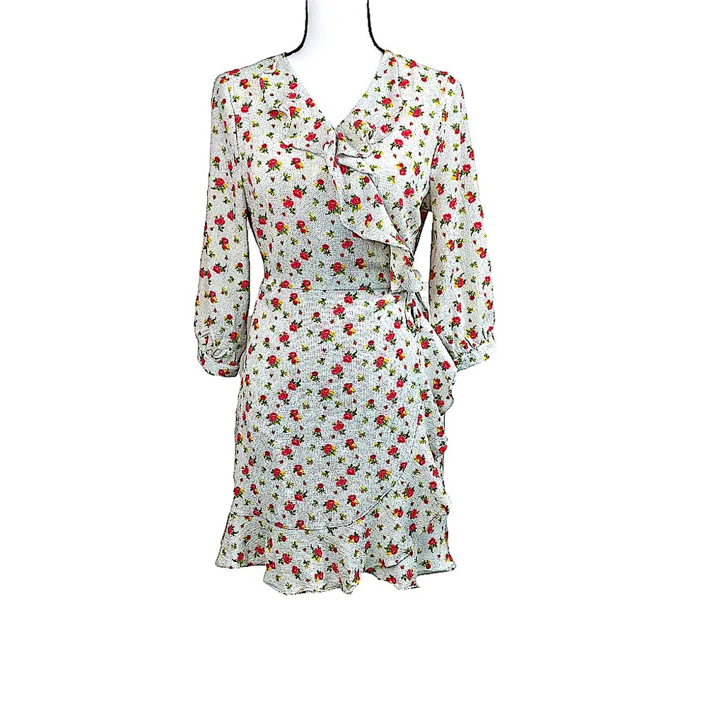 NWT Available by Angela Fashion Floral Polka Dot 3/4 Sleeve Wrap Dress Size M